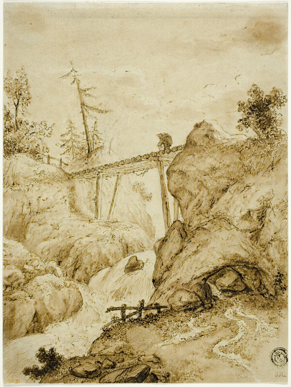 Man Crossing Log Bridge over Torrent