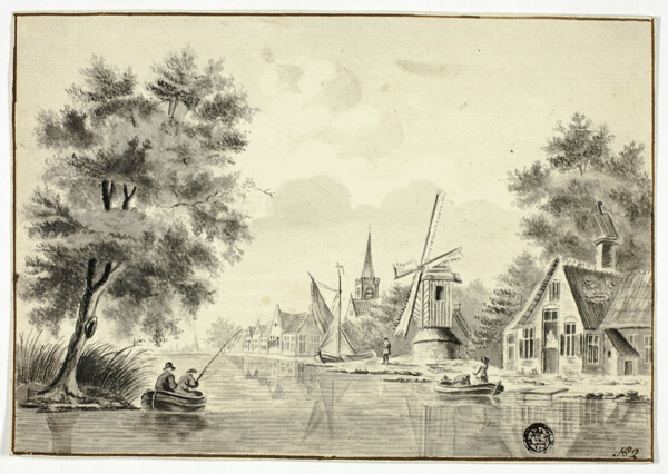 Houses and Windmill Beside Canal