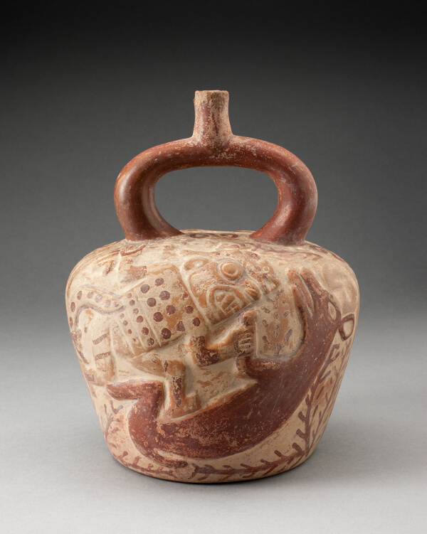 Stirrup Spout Vessel with Raised Deer Hunt Motifs