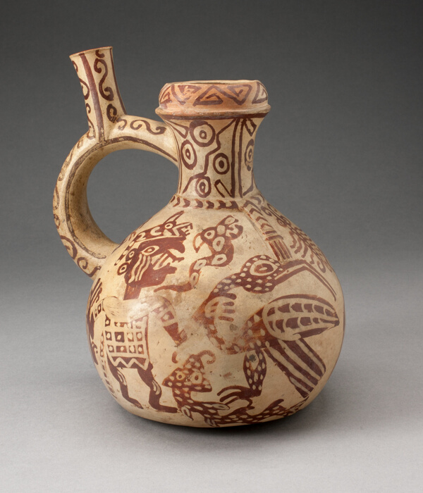 Handle Spout Jar with Fineline Bird Hunt Motifs