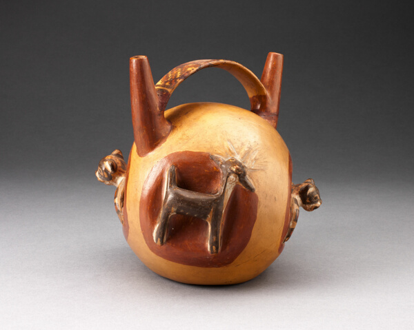 Double Spout Bridge Vessel with Molded Animals Emerging from Sides