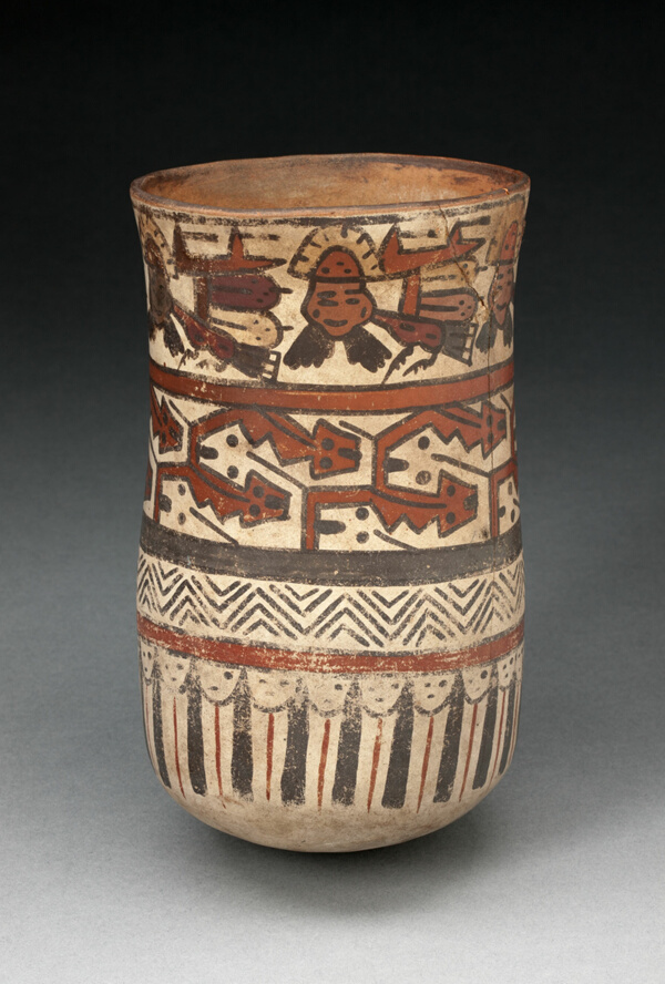 Beaker Depicting Rows of Abstract Patterns and Costumed Performers